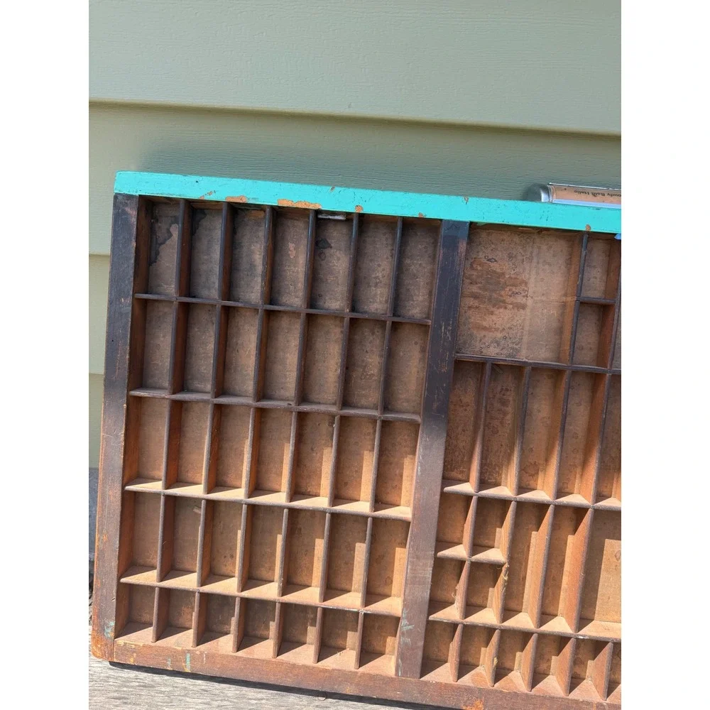 Vintage Wooden Printer Type Tray Shadow Box Teal Letterpress Drawer Display mini